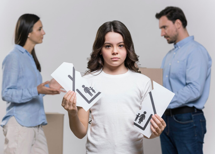 a sad girl with parents