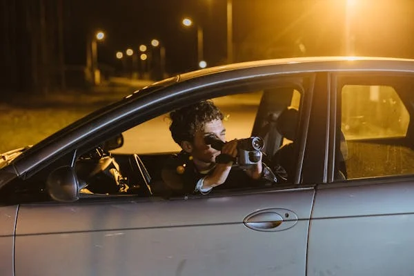 A private investigator observing a subject from a car using a camera.